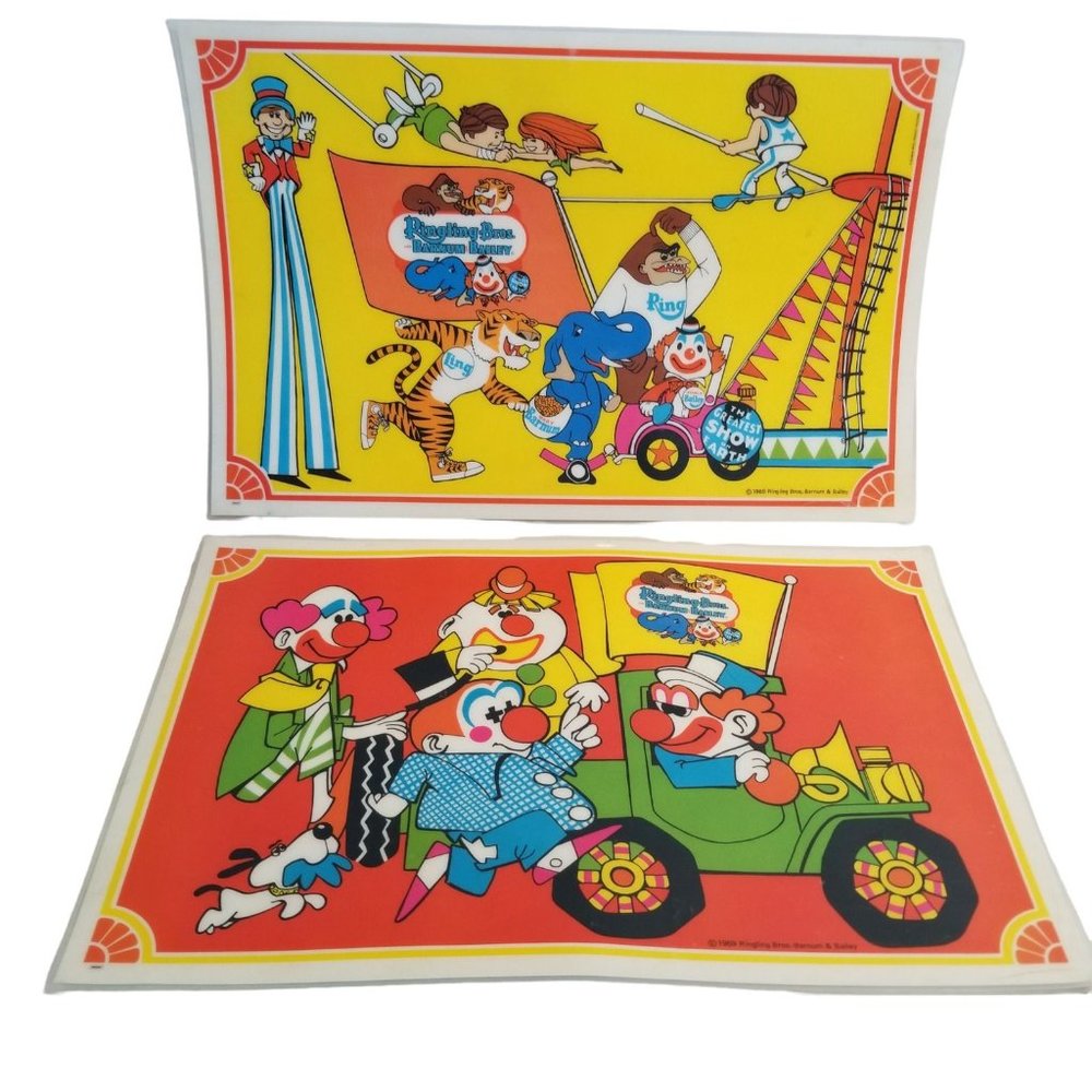 Vintage Circus Ringling Bros Barnum and Bailey Placemat Clown Car Lion Tamer '69